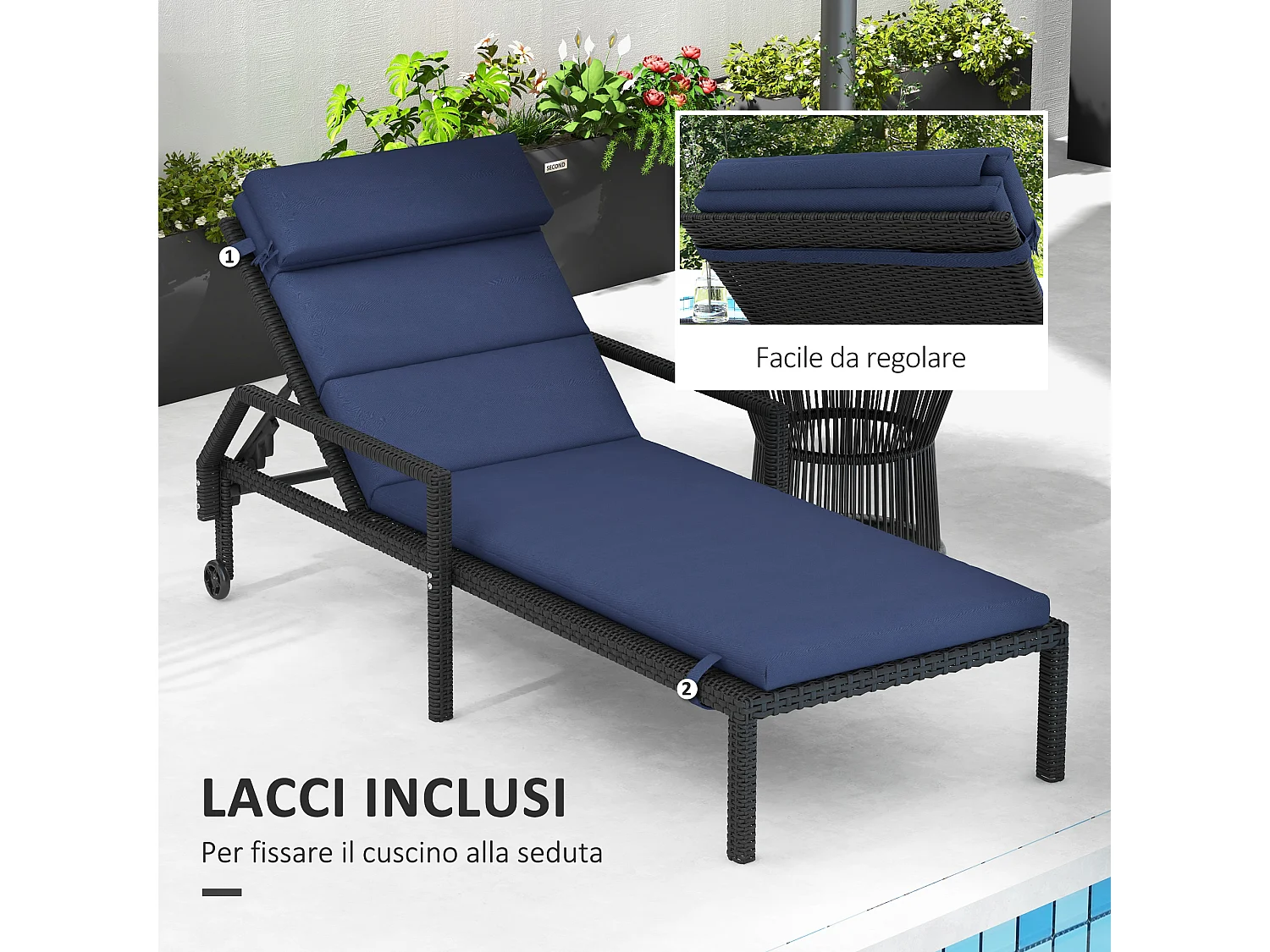 Cuscino per lettino prendisole imbottito con lacci, blu scuro