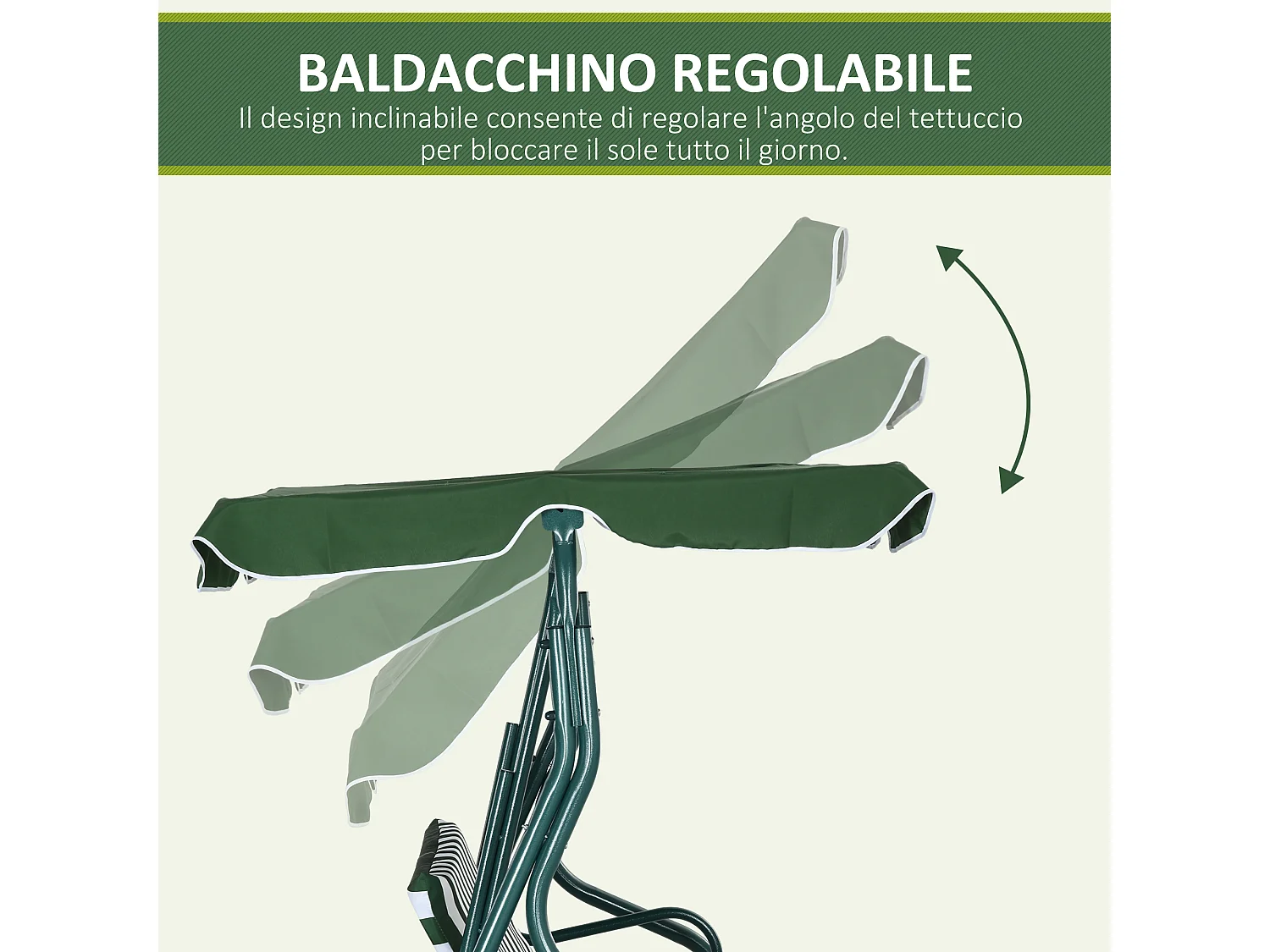 Dondolo 3 posti con tettuccio regolabile e cuscini verde e bianco