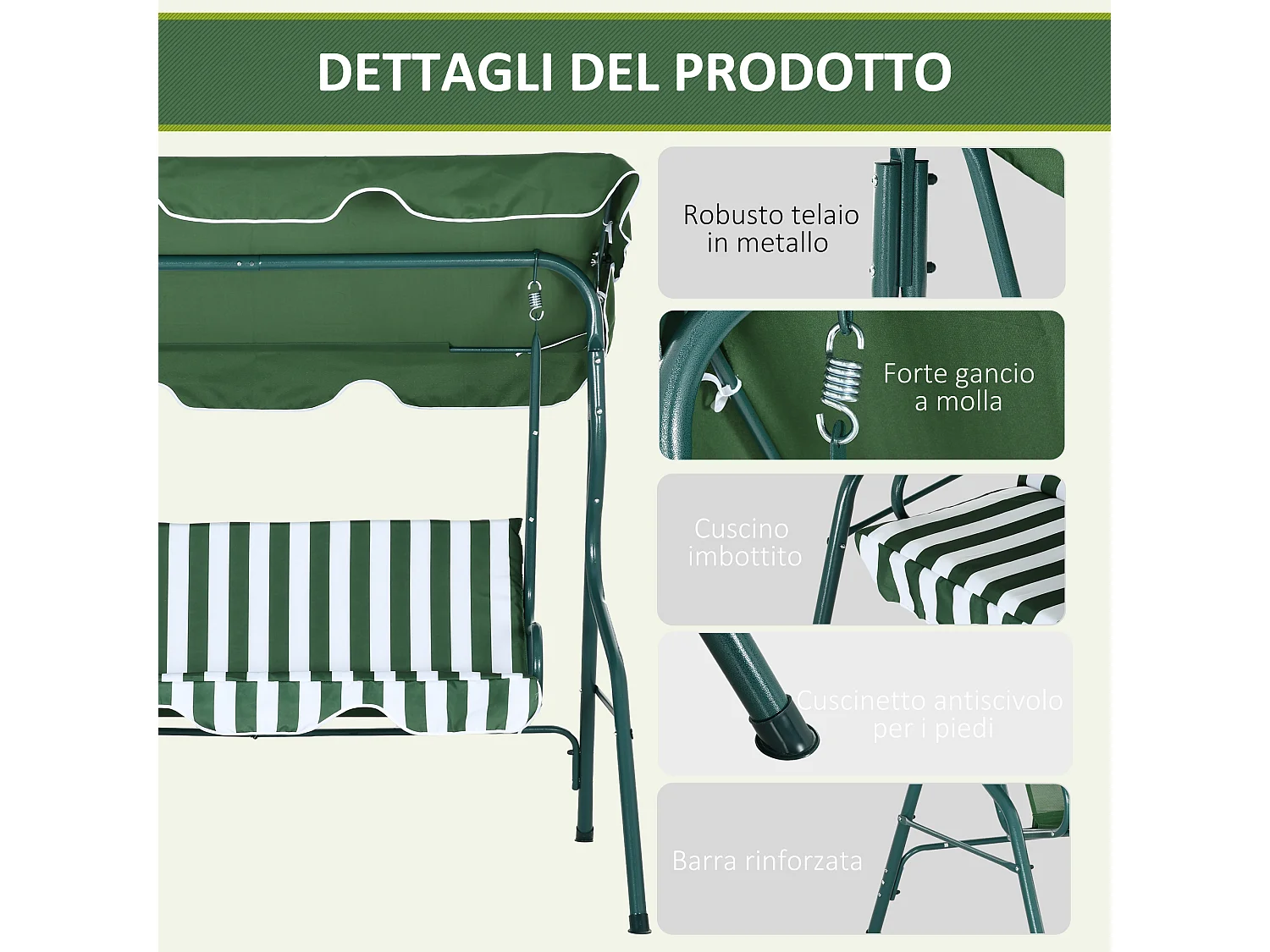 Dondolo 3 posti con tettuccio regolabile e cuscini verde e bianco