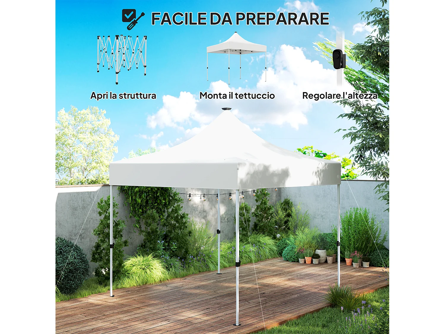 Gazebo da giardino pop up 3x3 m con luci led solari bianco