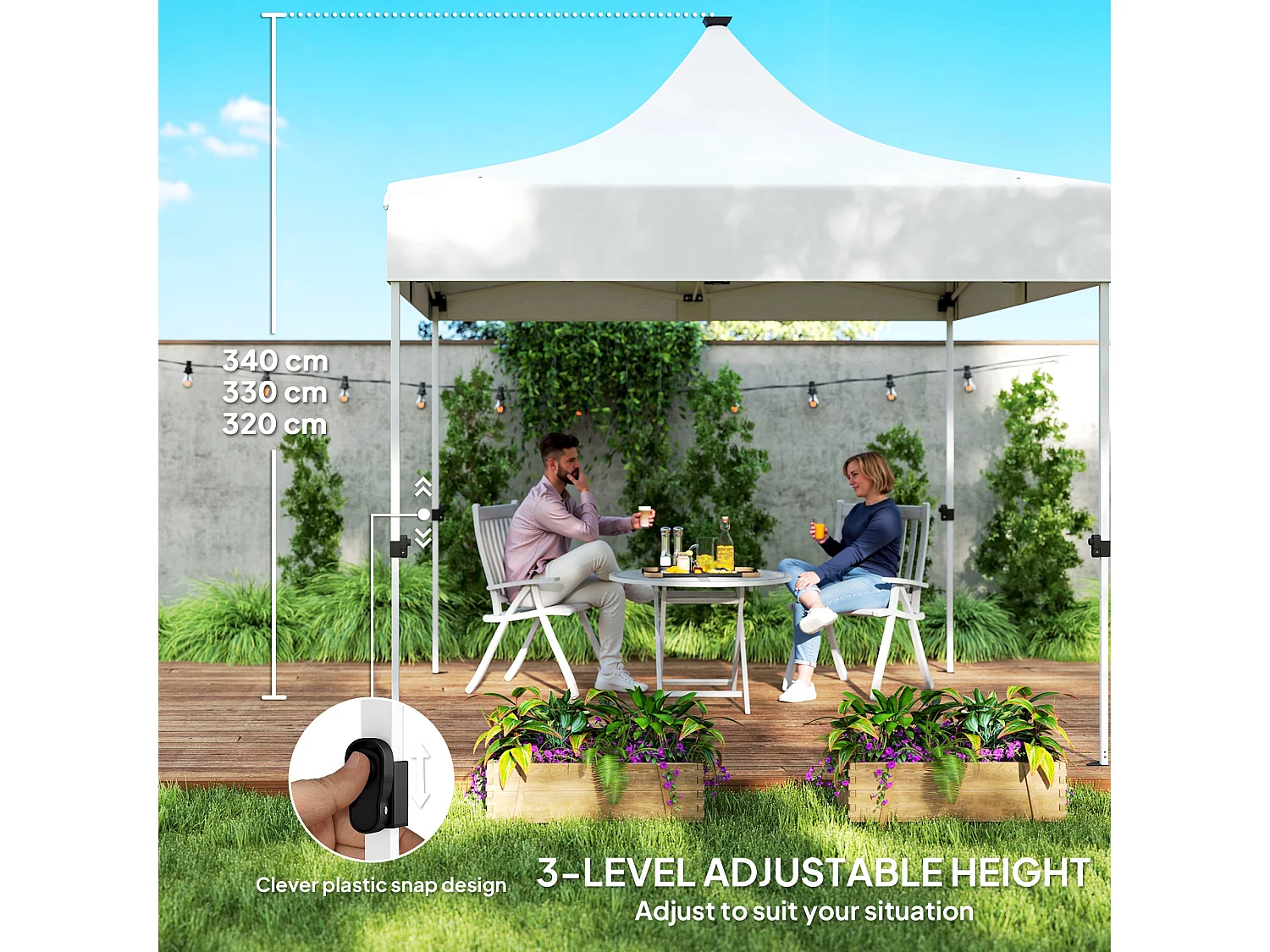 Gazebo da giardino pop up 3x3 m con luci led solari bianco