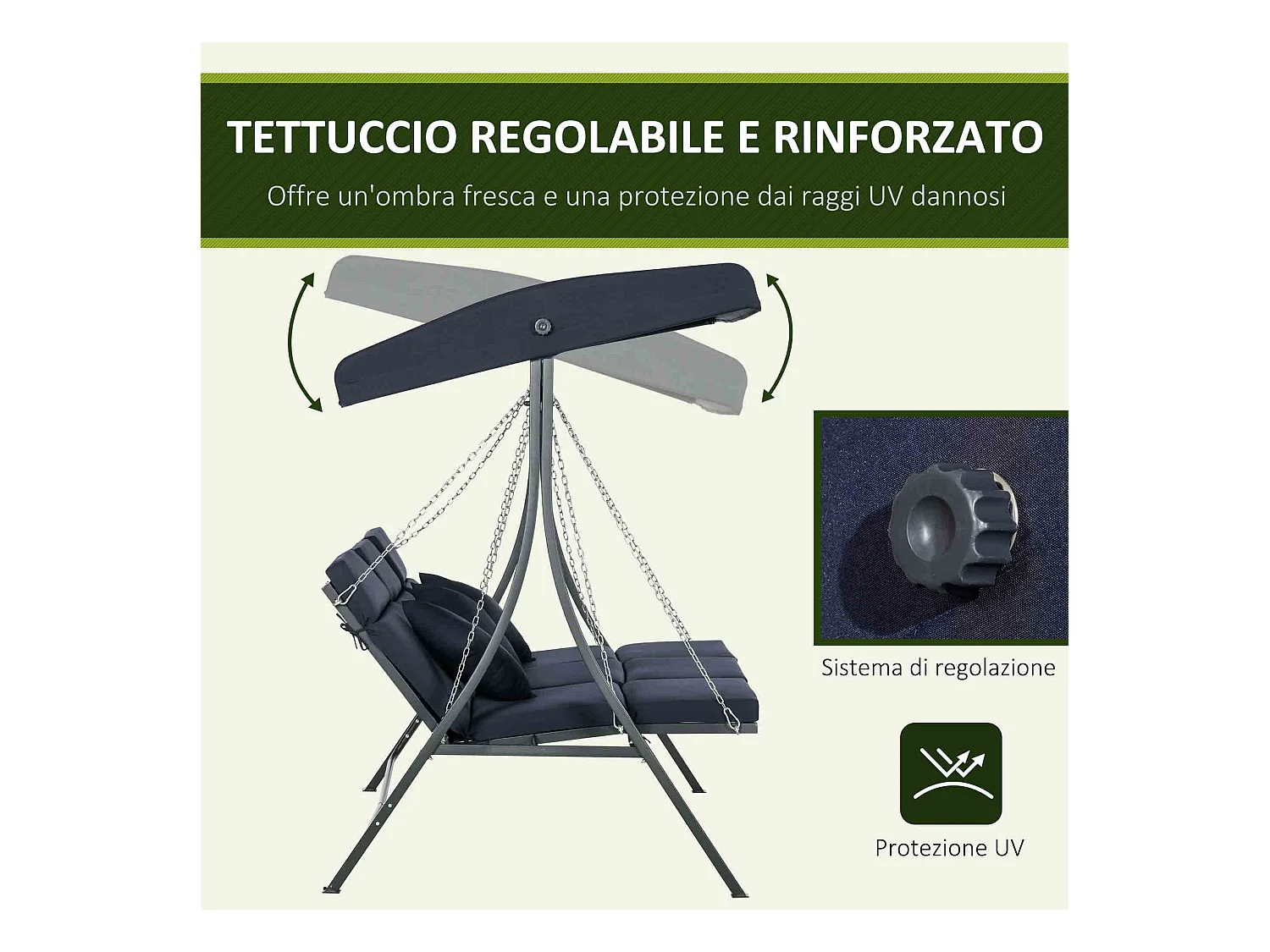 Dondolo da giardino 3 posti chaise longue con tettuccio blu scuro