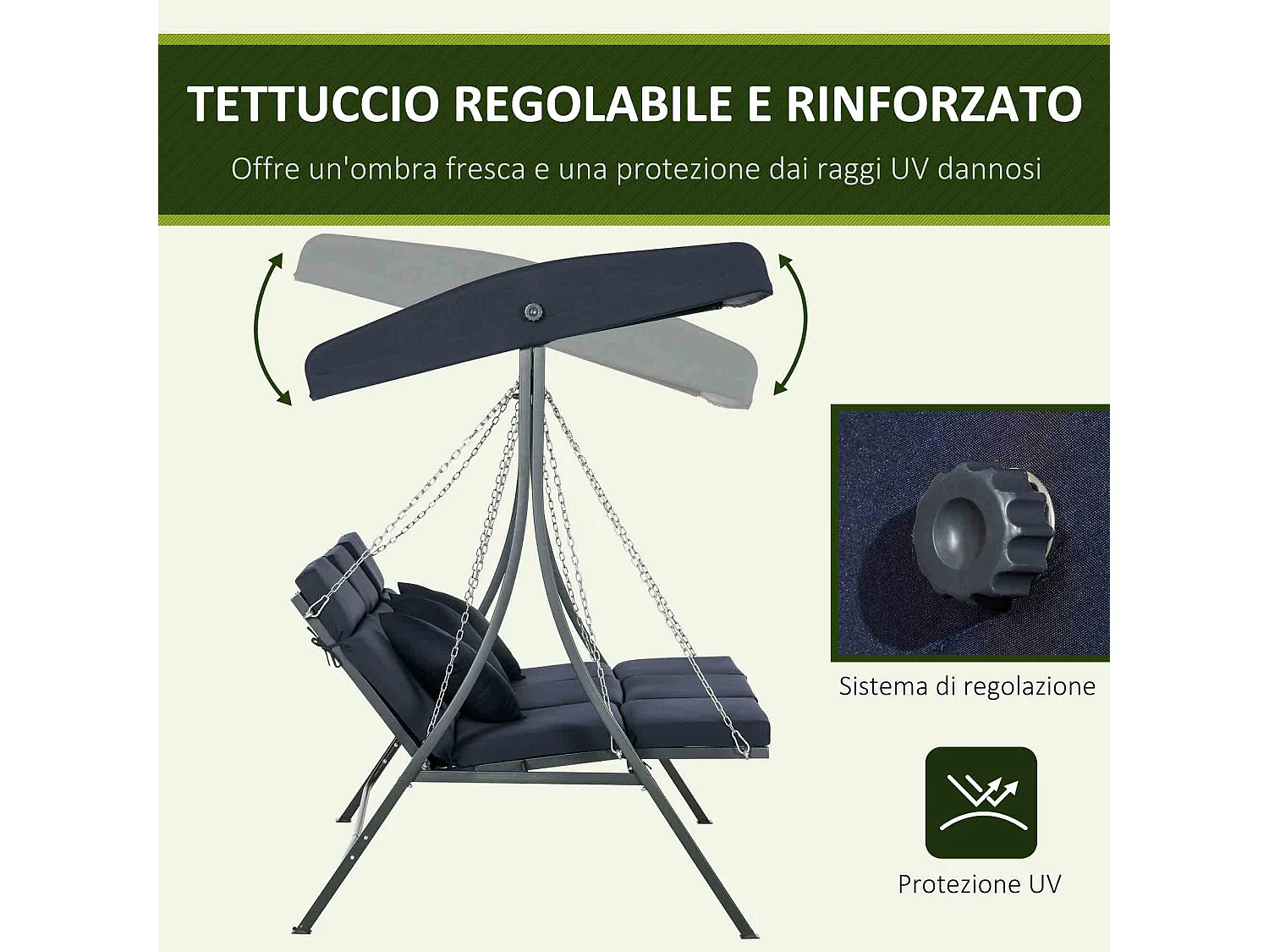 Dondolo da giardino 3 posti chaise longue con tettuccio blu scuro