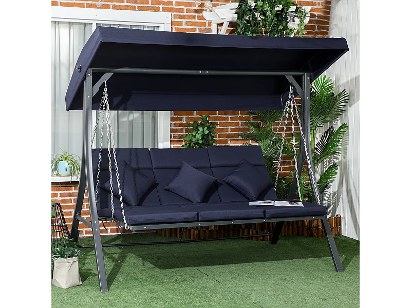 Dondolo da giardino 3 posti chaise longue con tettuccio blu scuro