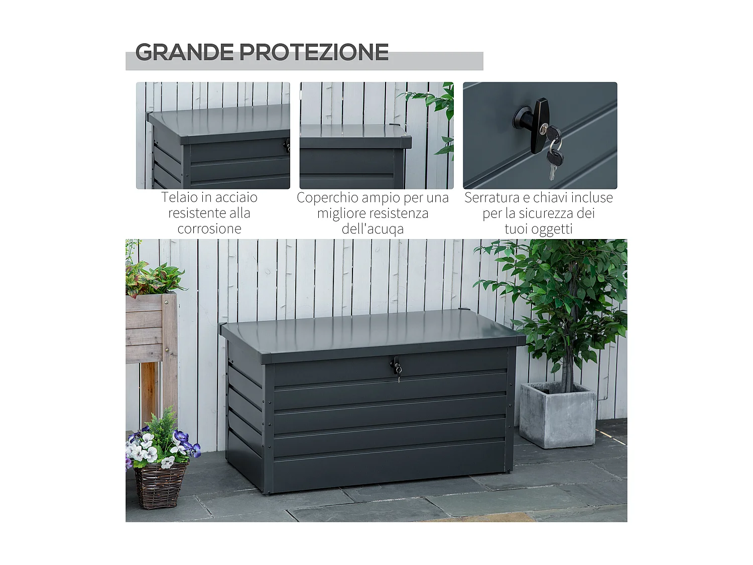 Panca contenitore da esterno con chiave acciaio 120x62x62cm