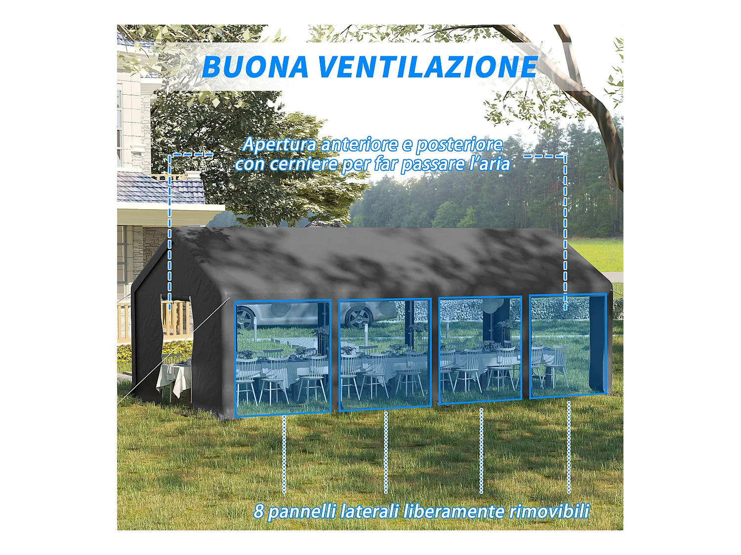Tendone da giardino per feste 8x4m con porte a cerniera