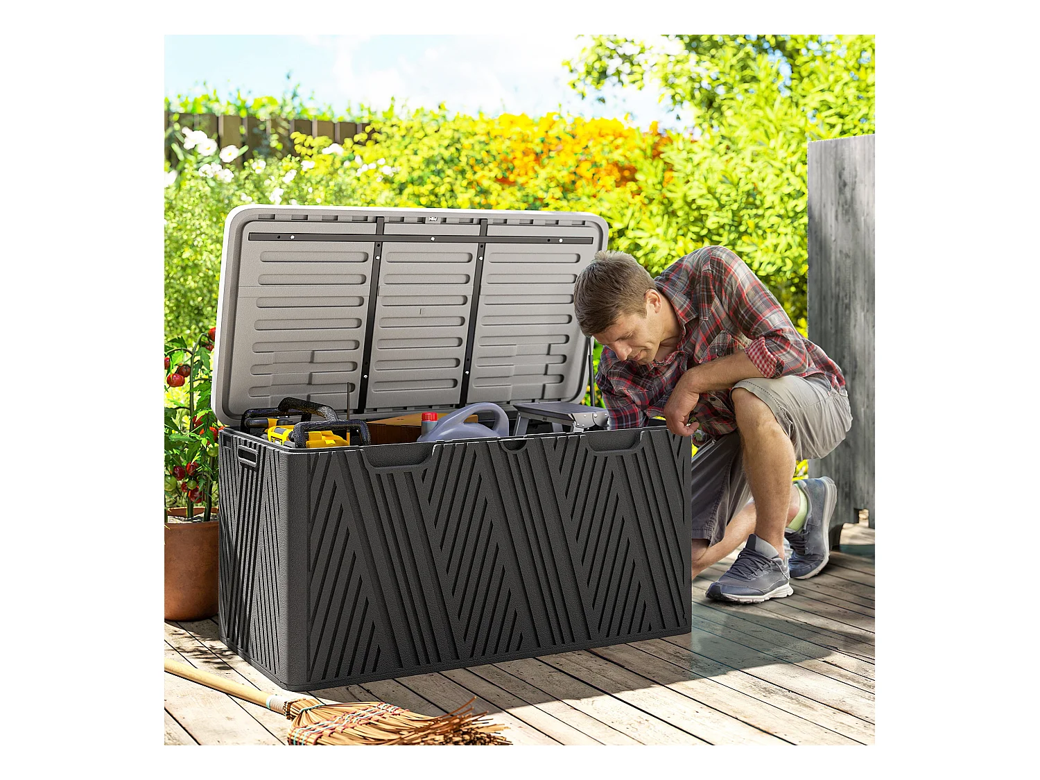 Panca contenitore 380l in hdpe con 2 maniglie laterali nero e grigio