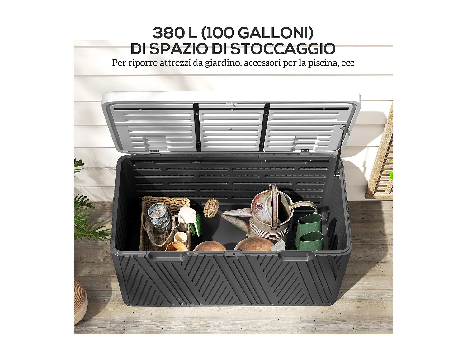 Panca contenitore 380l in hdpe con 2 maniglie laterali nero e grigio