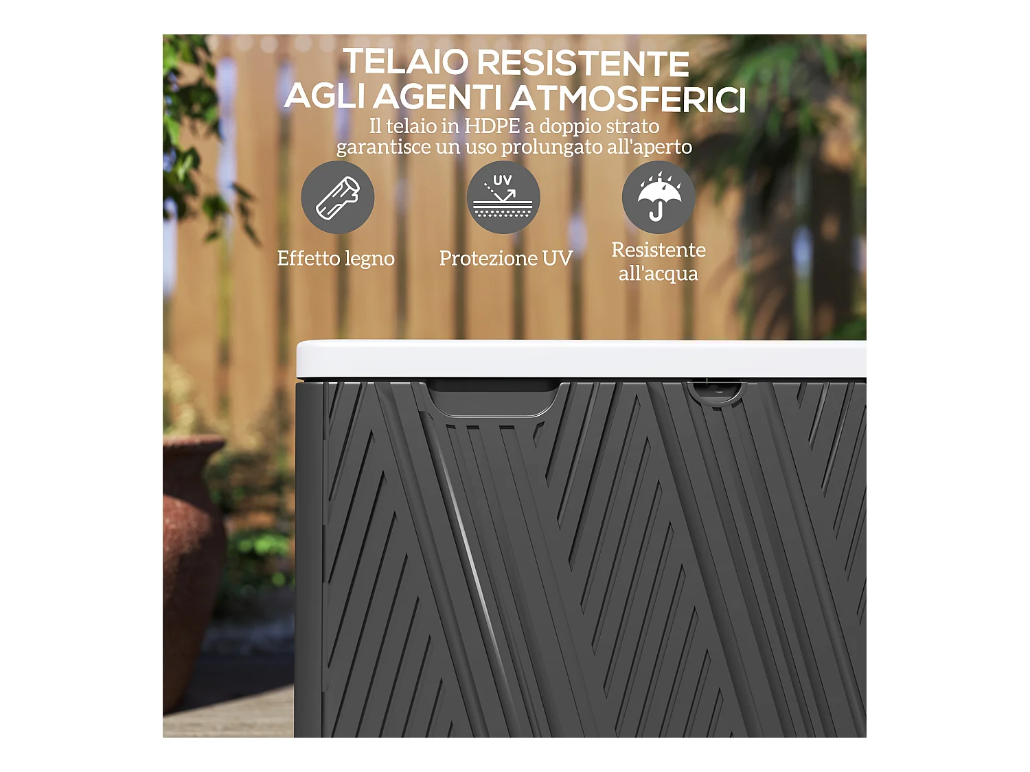 Panca contenitore 380l in hdpe con 2 maniglie laterali nero e grigio