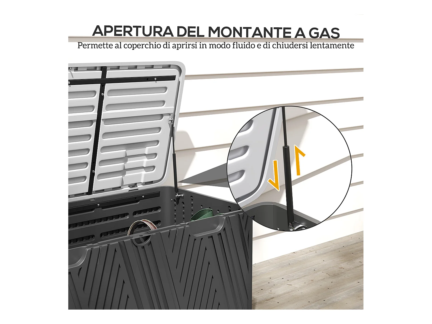 Panca contenitore 380l in hdpe con 2 maniglie laterali nero e grigio