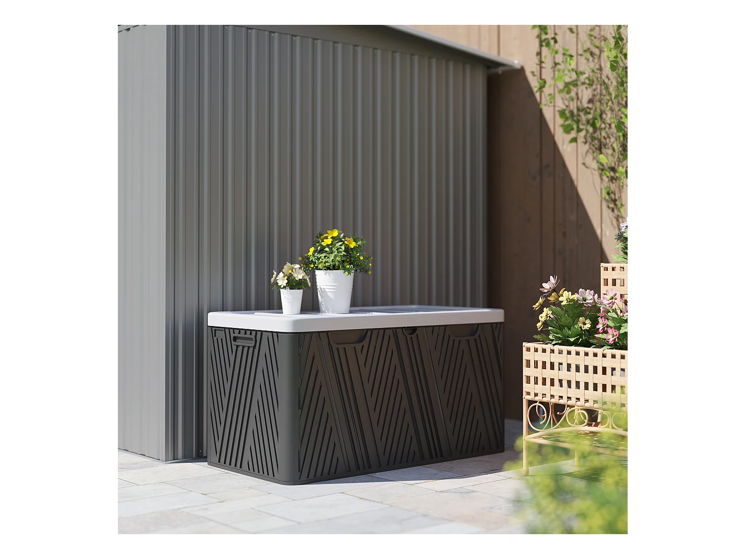 Panca contenitore 380l in hdpe con 2 maniglie laterali nero e grigio