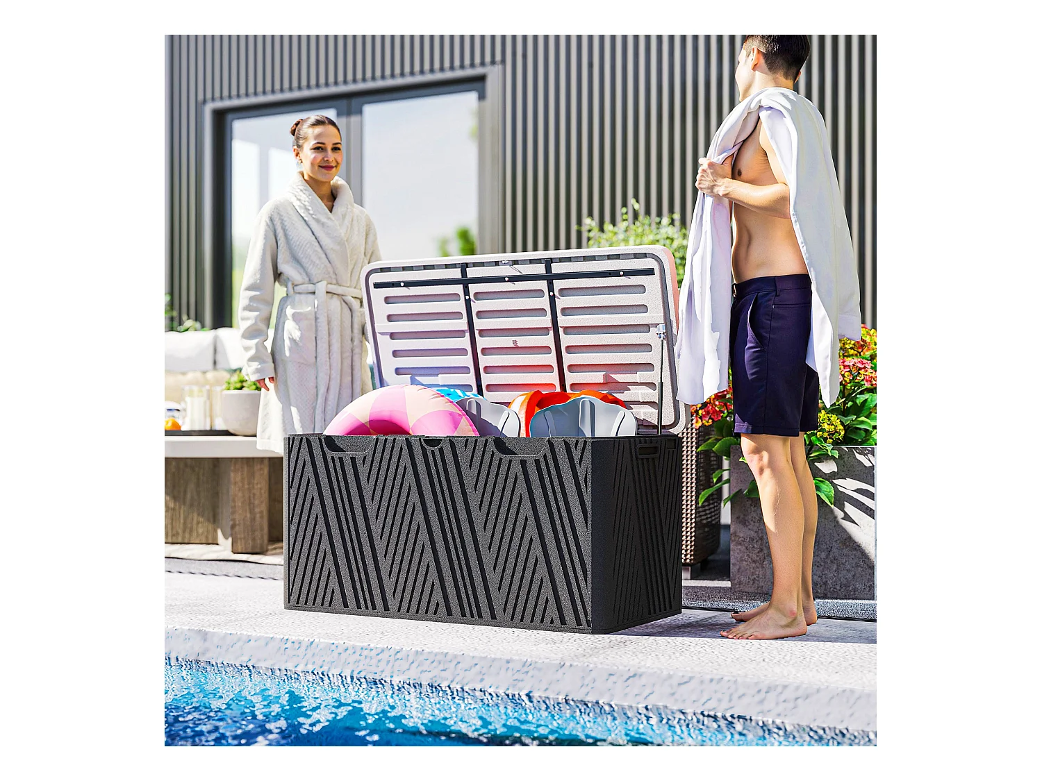 Panca contenitore 380l in hdpe con 2 maniglie laterali nero e grigio