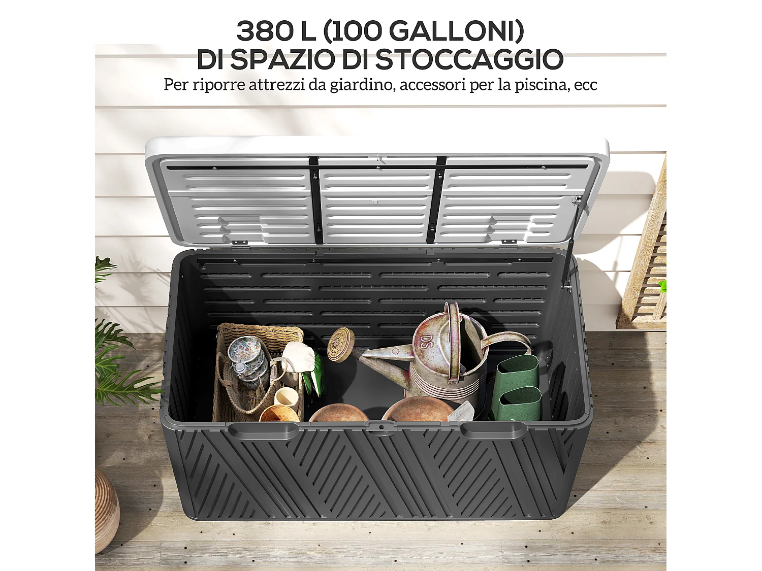 Panca contenitore 380l in hdpe con 2 maniglie laterali nero e grigio