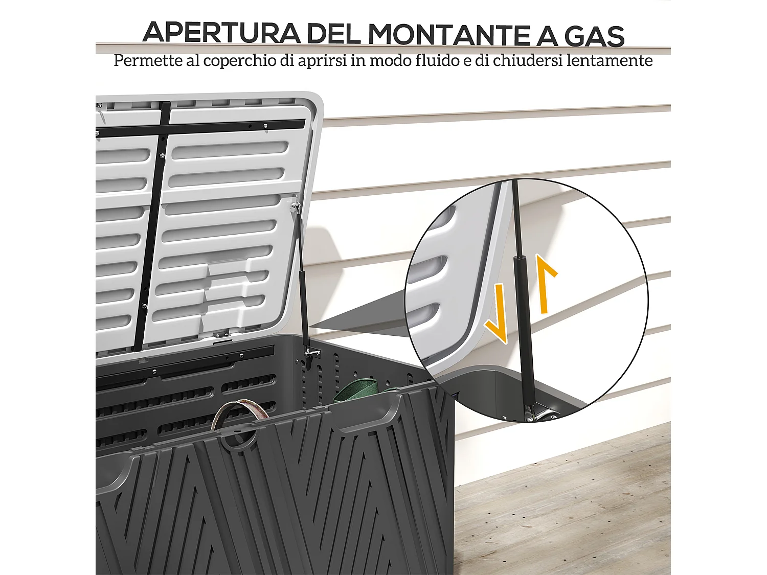 Panca contenitore 380l in hdpe con 2 maniglie laterali nero e grigio