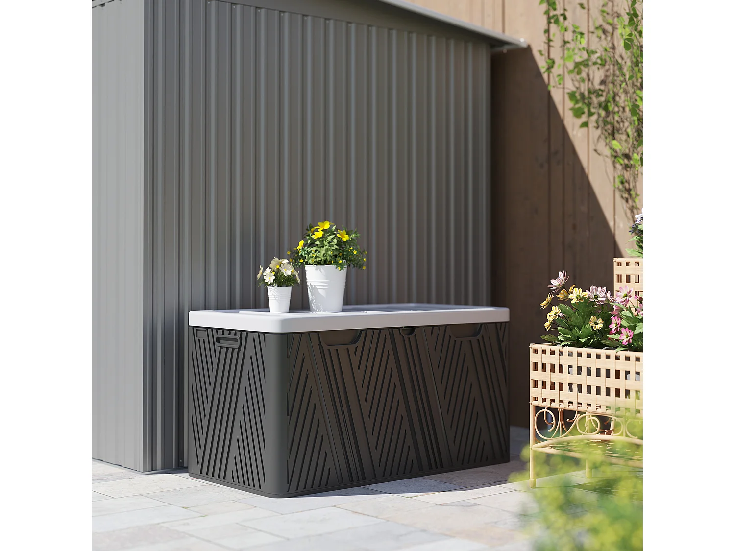 Panca contenitore 380l in hdpe con 2 maniglie laterali nero e grigio