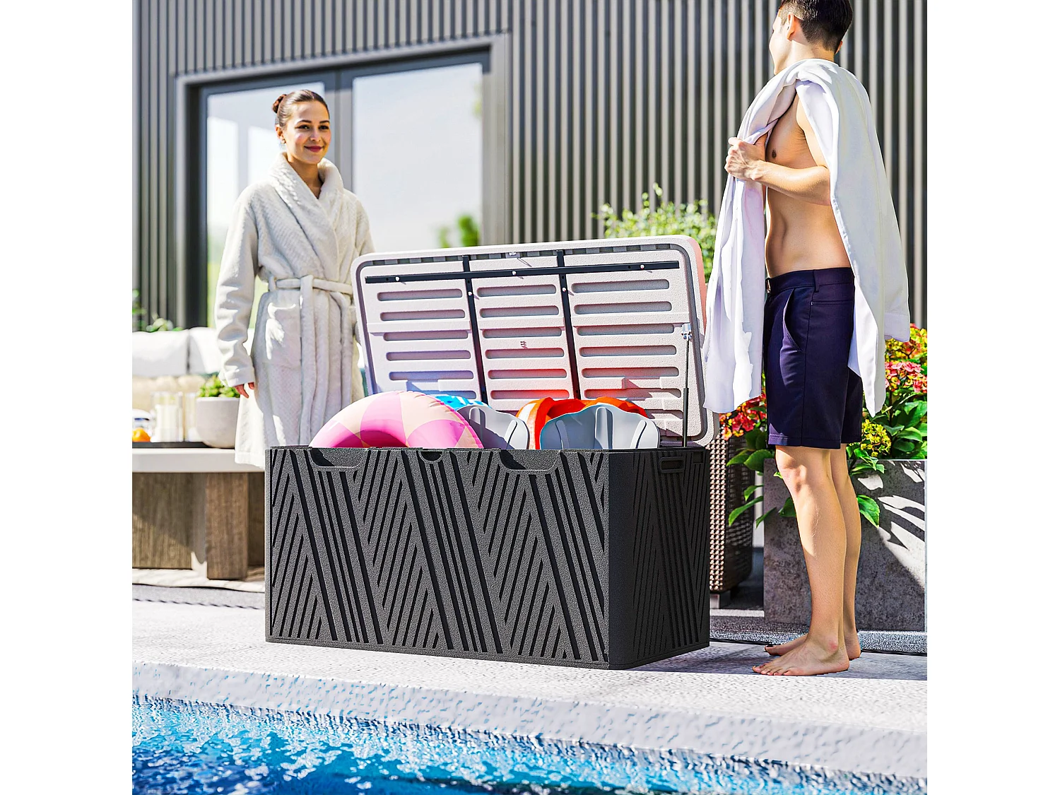 Panca contenitore 380l in hdpe con 2 maniglie laterali nero e grigio