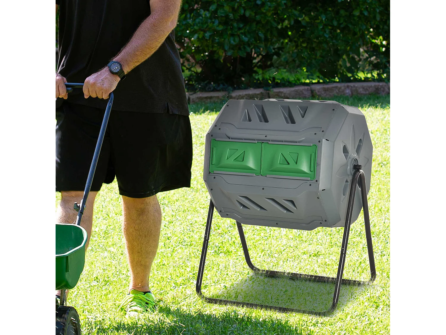 Compostiera da giardino girevole a 2 sezioni in acciaio e pp grigia