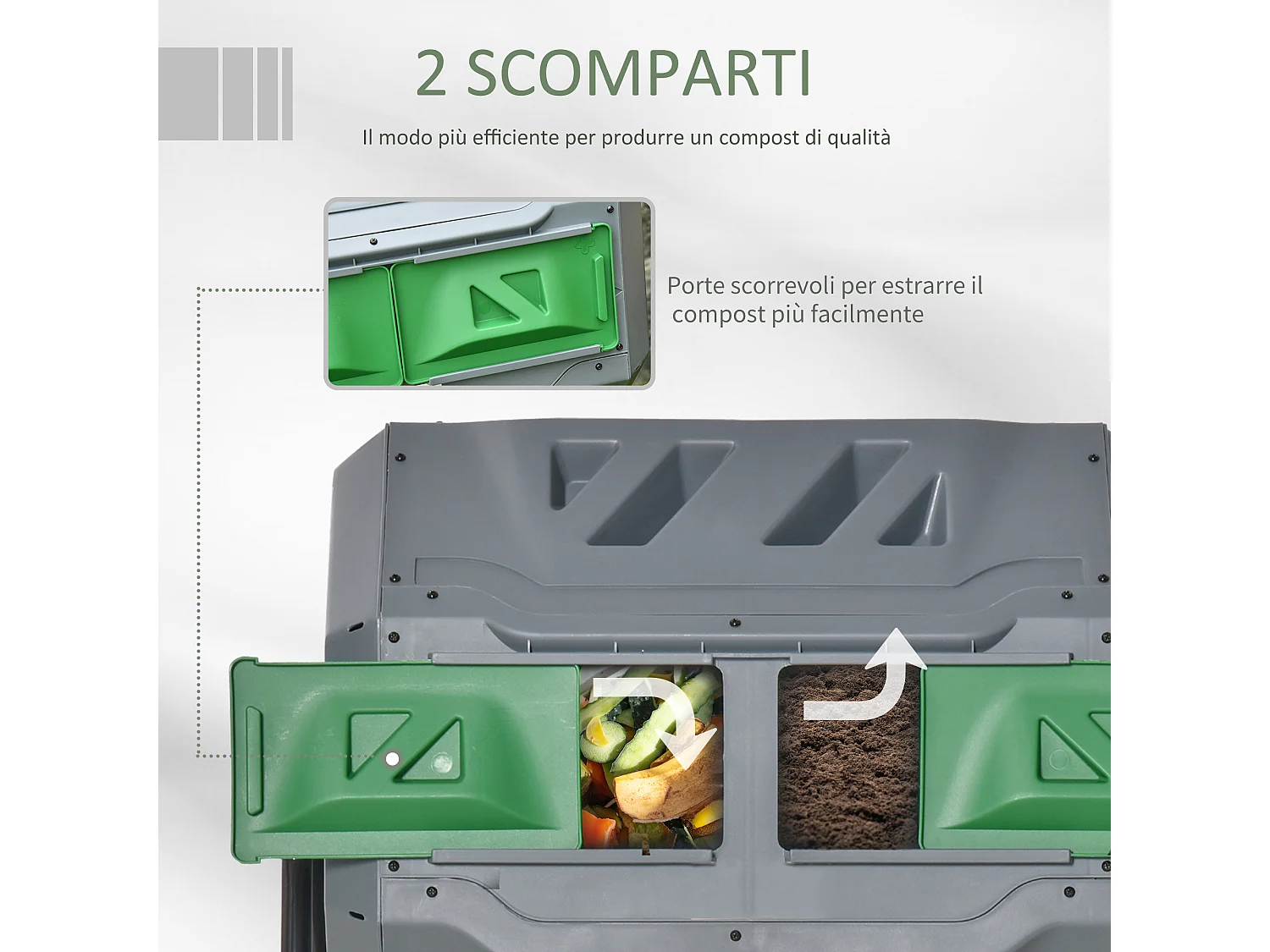 Compostiera da giardino girevole a 2 sezioni in acciaio e pp grigia