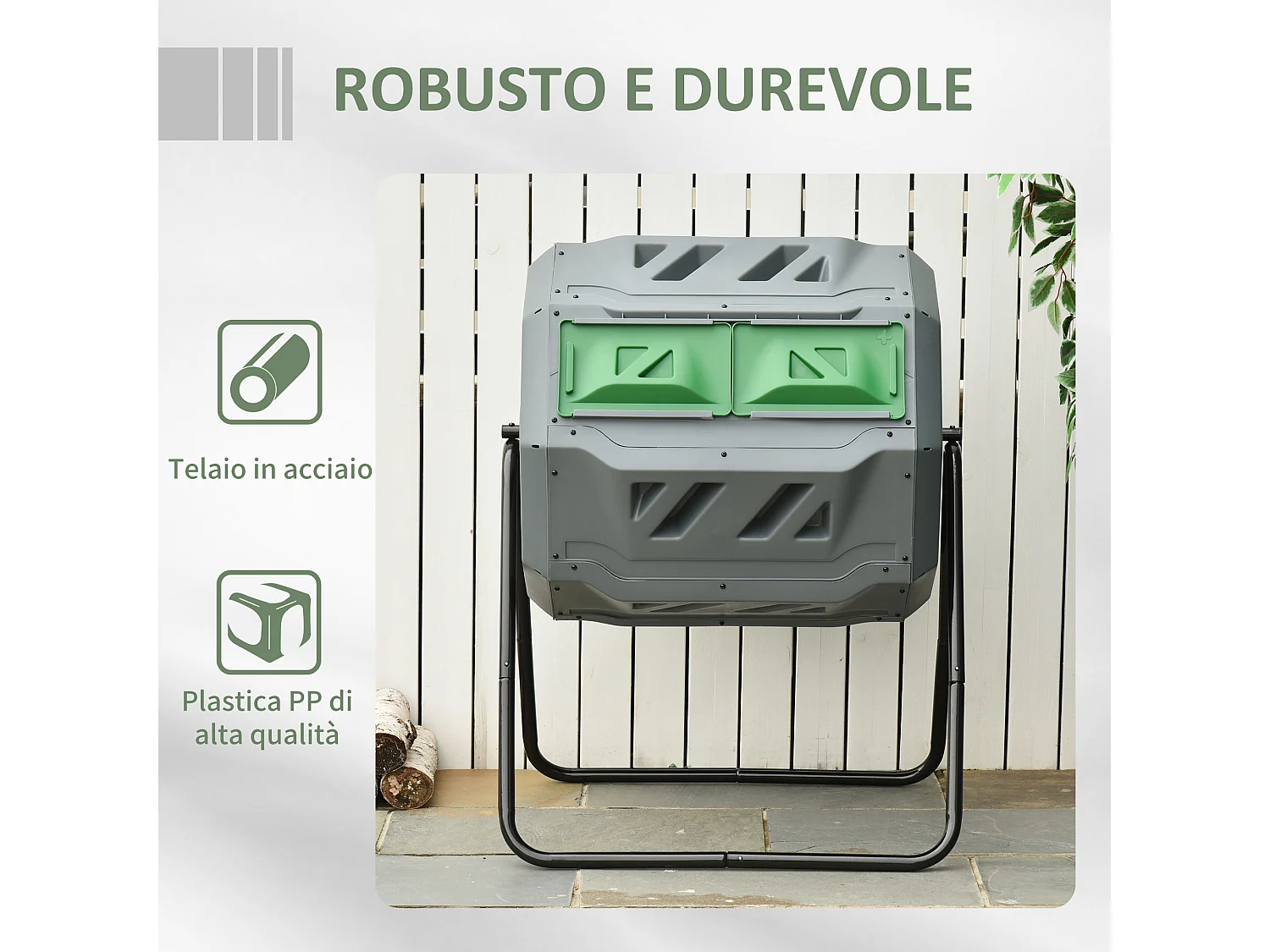 Compostiera da giardino girevole a 2 sezioni in acciaio e pp grigia