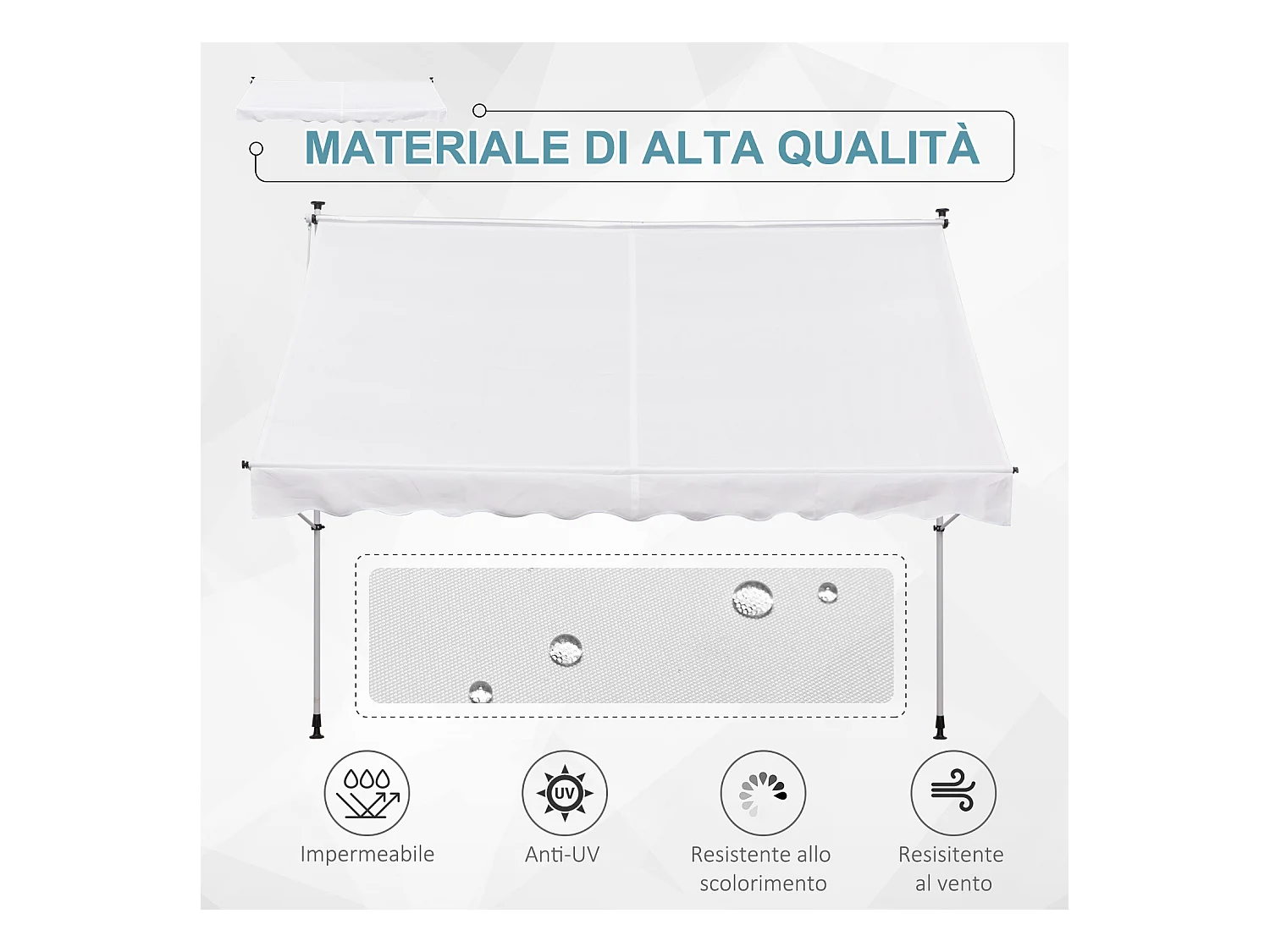 Tenda da sole 2x1.5m a manovella e telaio telescopico bianco