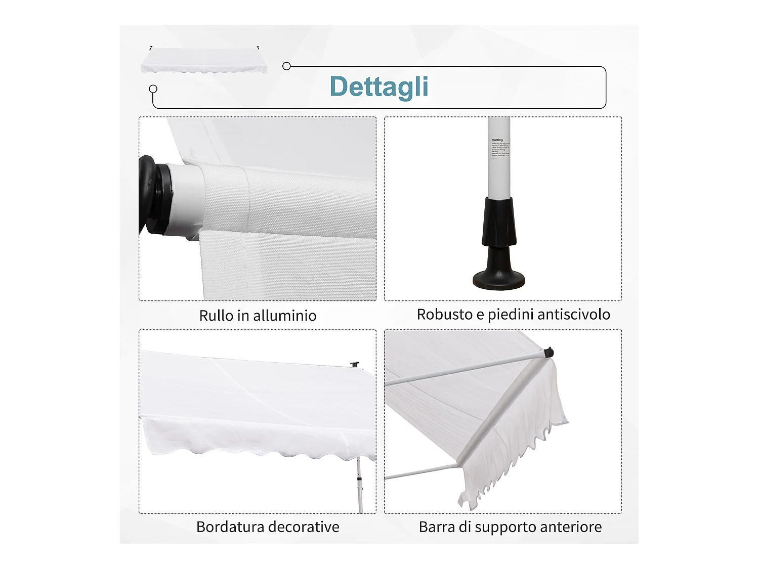 Tenda da sole 2x1.5m a manovella e telaio telescopico bianco
