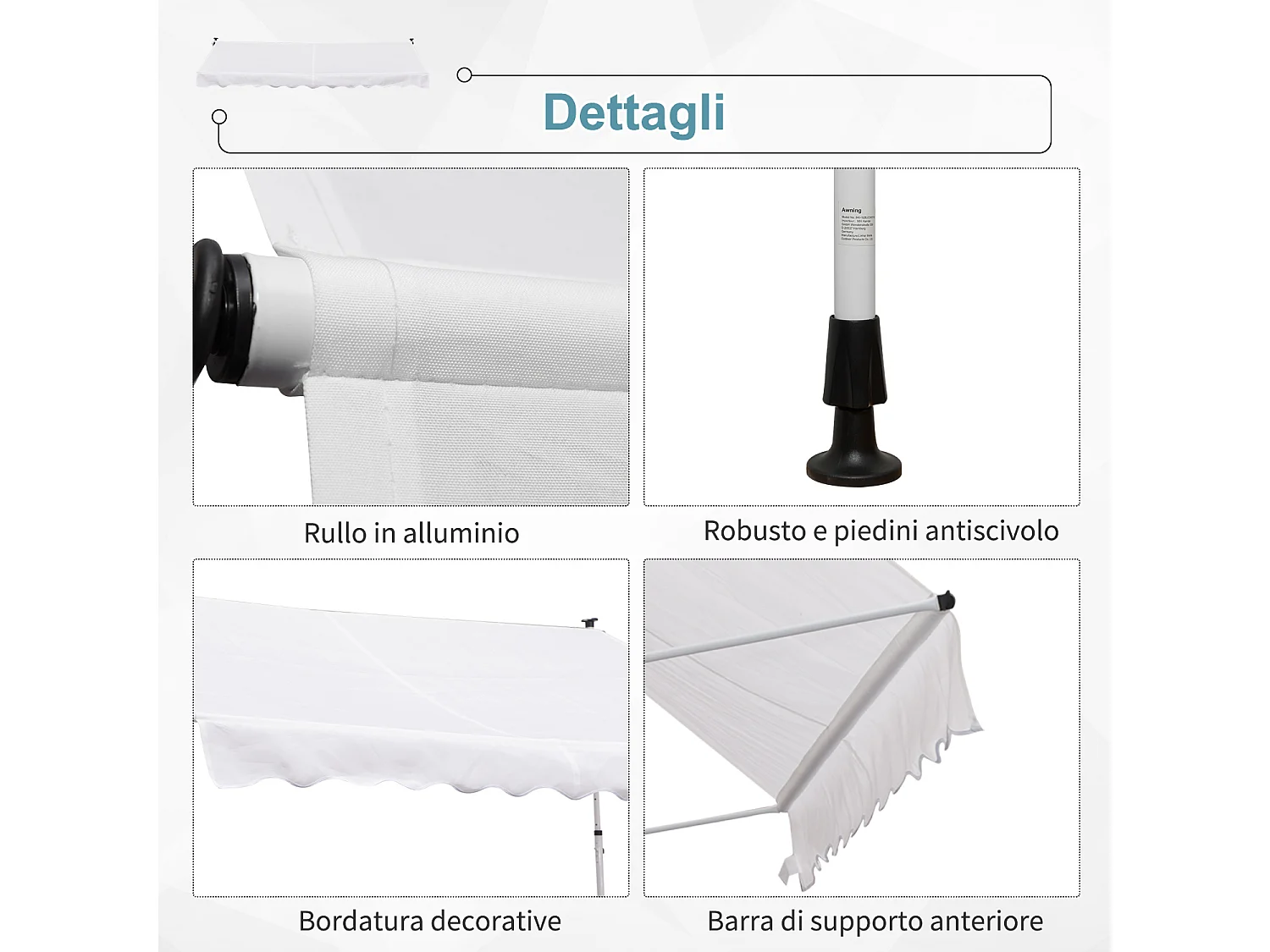 Tenda da sole 2x1.5m a manovella e telaio telescopico bianco