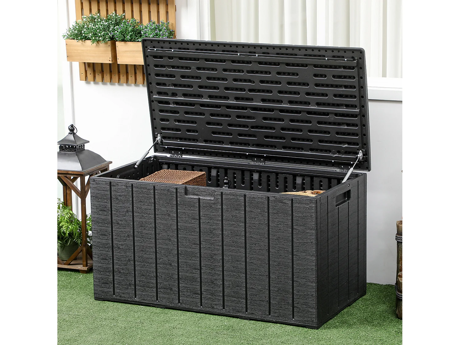 Baule da giardino da 366 litri effetto legno in plastica nero