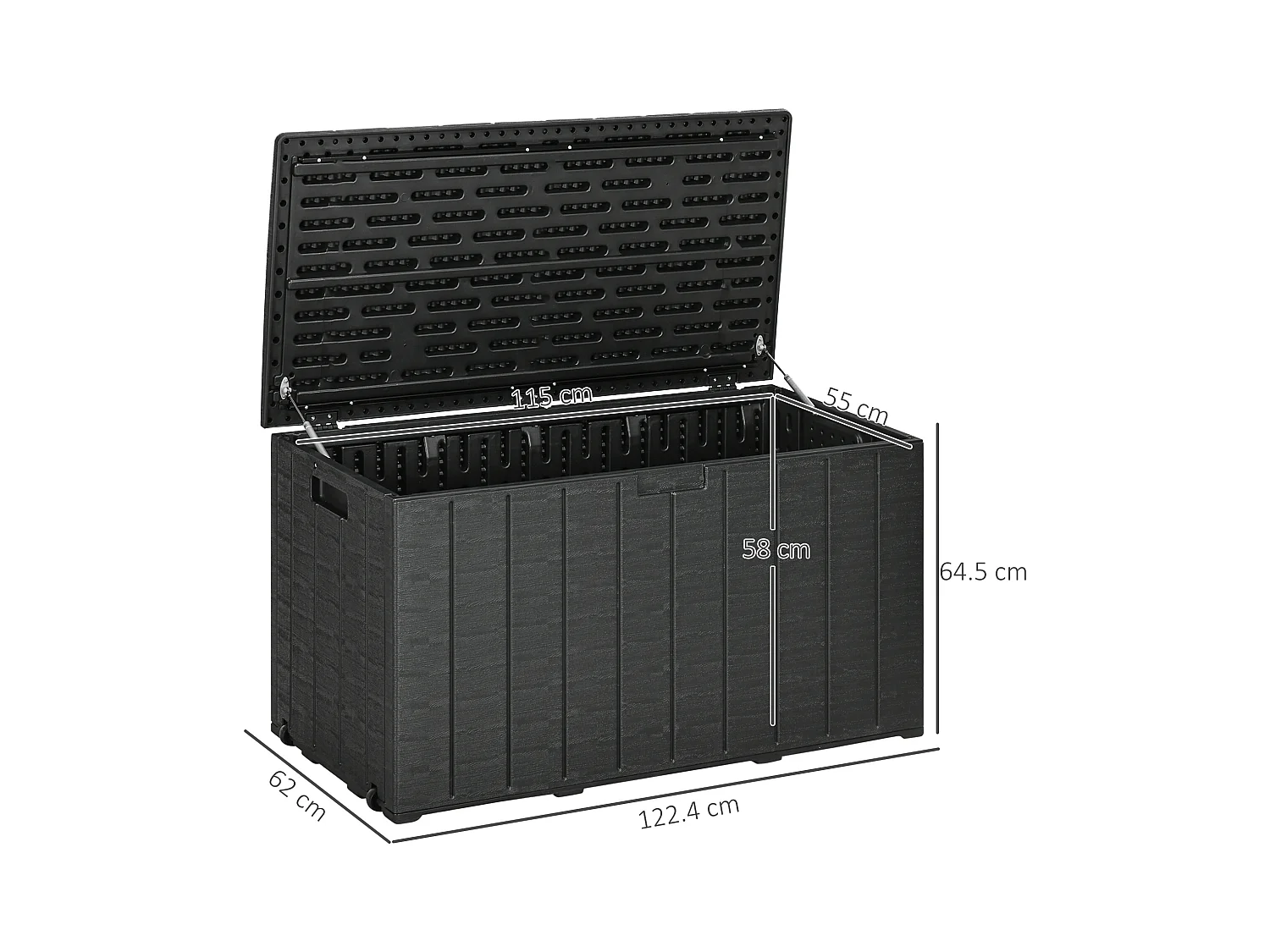 Baule da giardino da 366 litri effetto legno in plastica nero