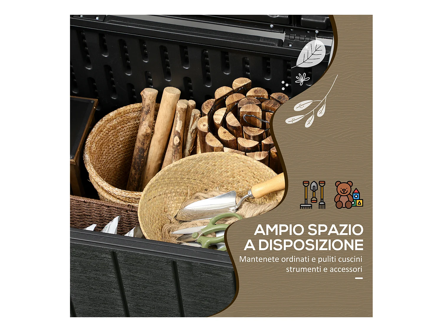 Baule da giardino da 366 litri effetto legno in plastica nero