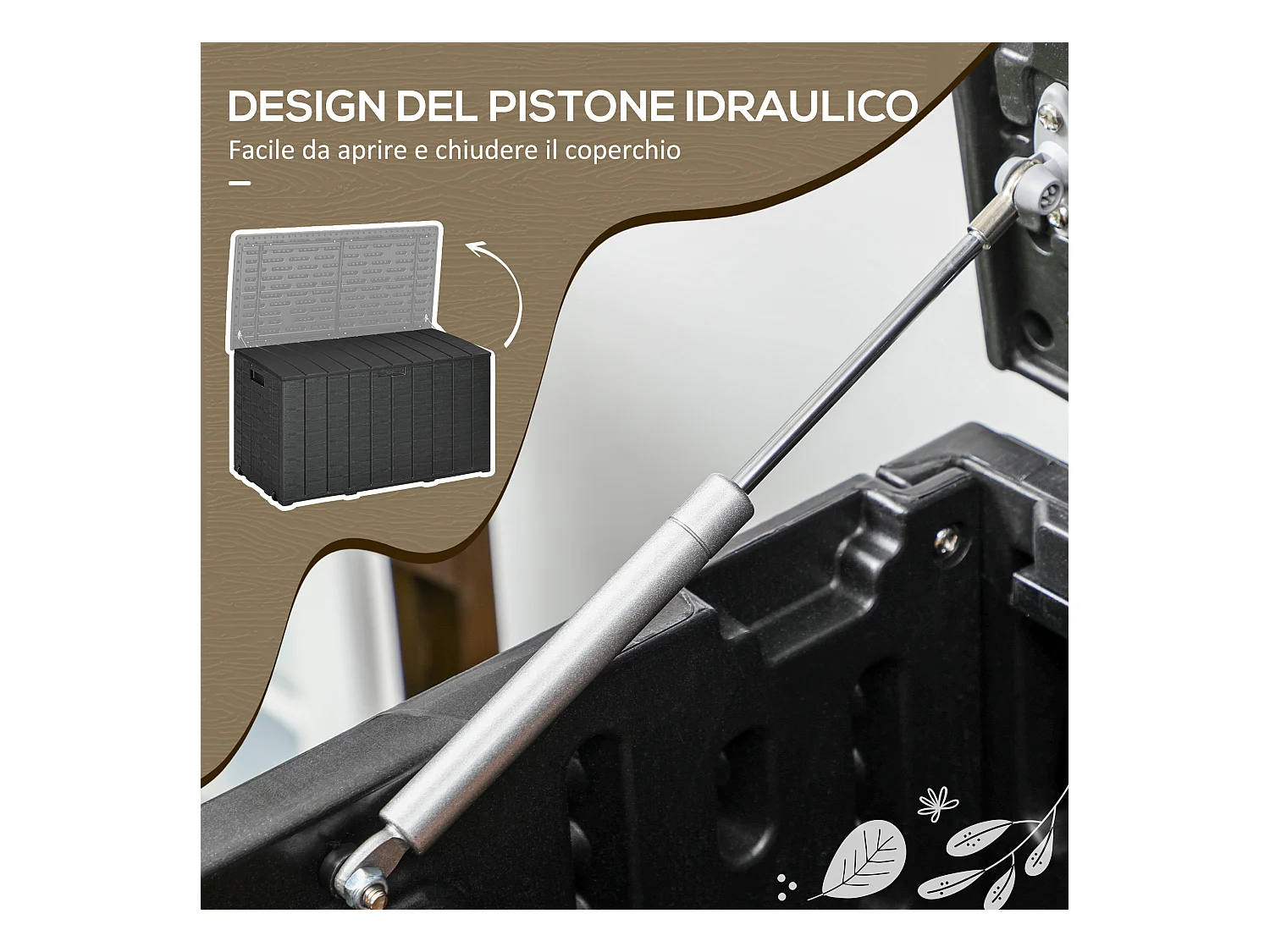 Baule da giardino da 366 litri effetto legno in plastica nero