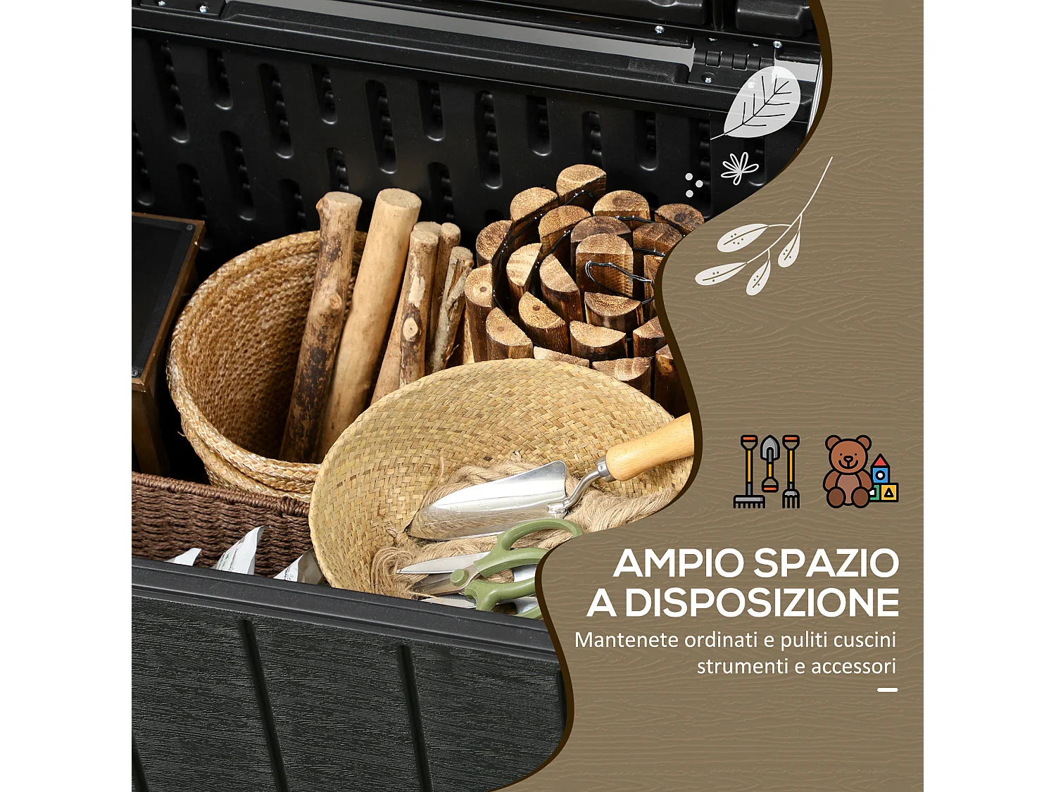 Baule da giardino da 366 litri effetto legno in plastica nero