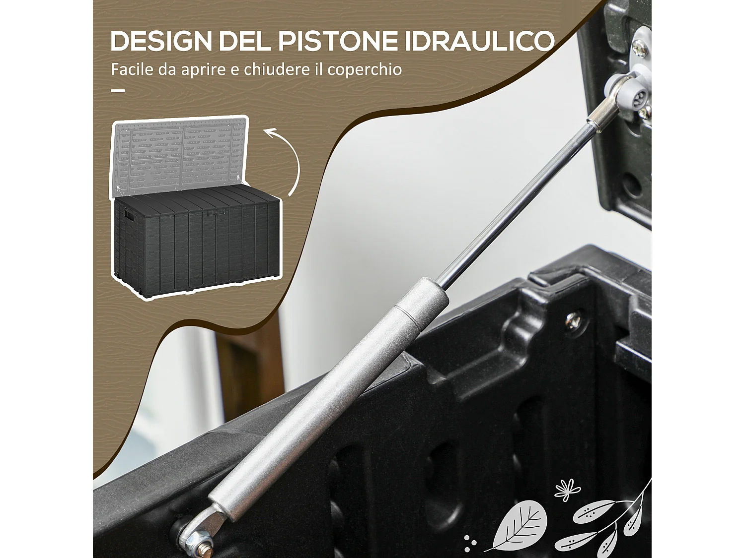 Baule da giardino da 366 litri effetto legno in plastica nero