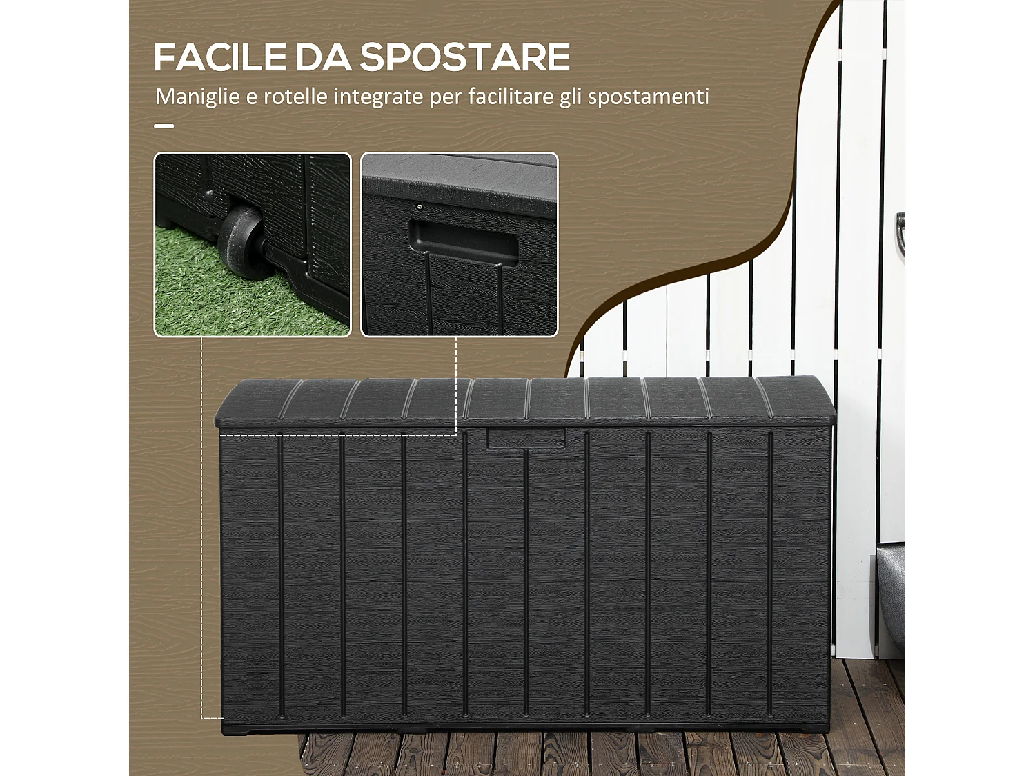 Baule da giardino da 366 litri effetto legno in plastica nero