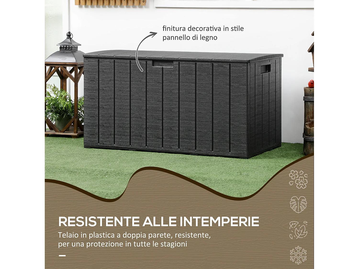 Baule da giardino da 366 litri effetto legno in plastica nero