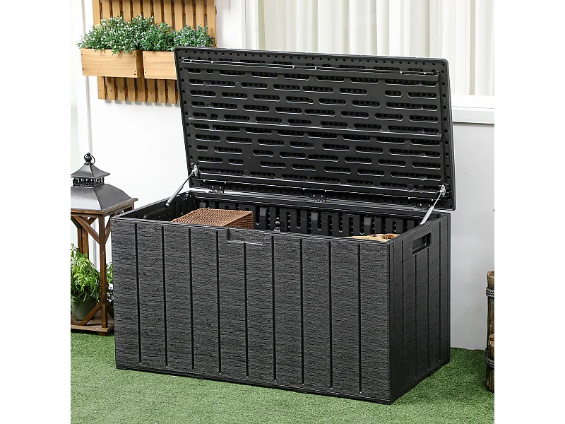 Baule da giardino da 366 litri effetto legno in plastica nero
