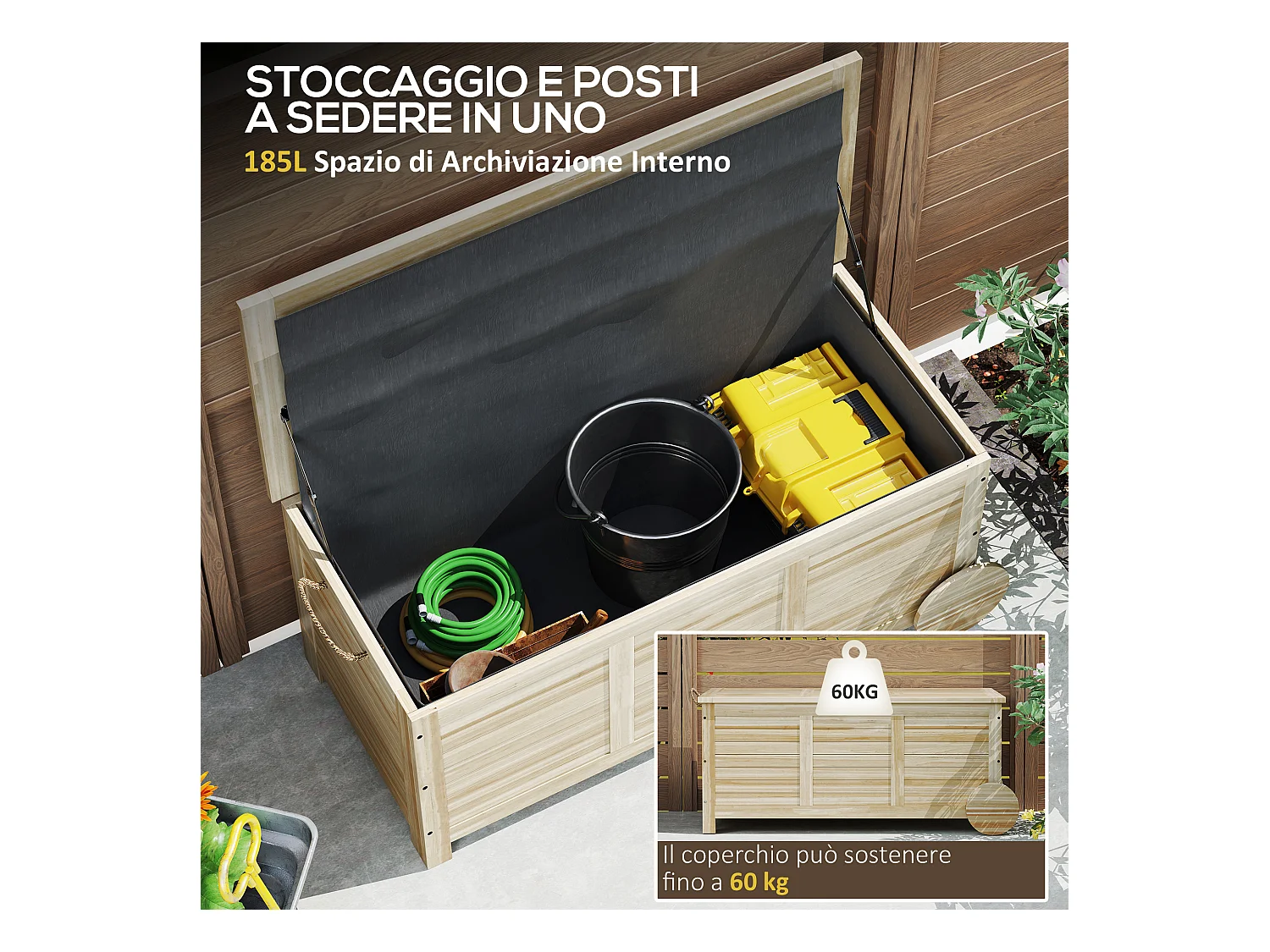 Baule da esterno 185l a 2 ruote in legno di abete 110x50x50 cm