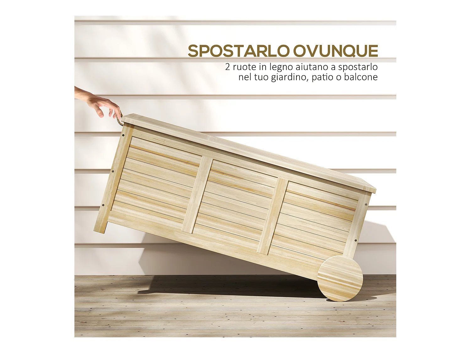 Baule da esterno 185l a 2 ruote in legno di abete 110x50x50 cm