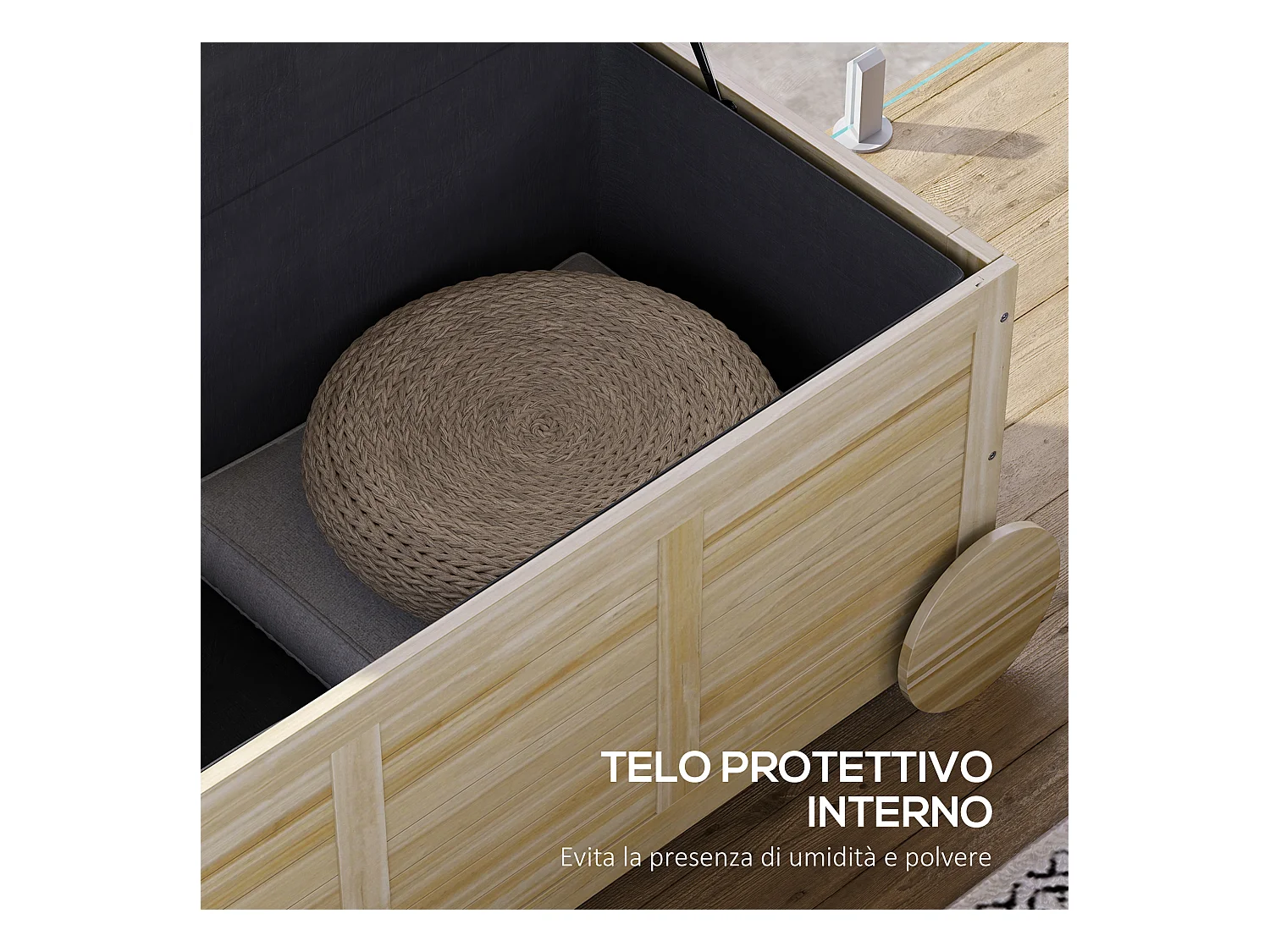 Baule da esterno 185l a 2 ruote in legno di abete 110x50x50 cm