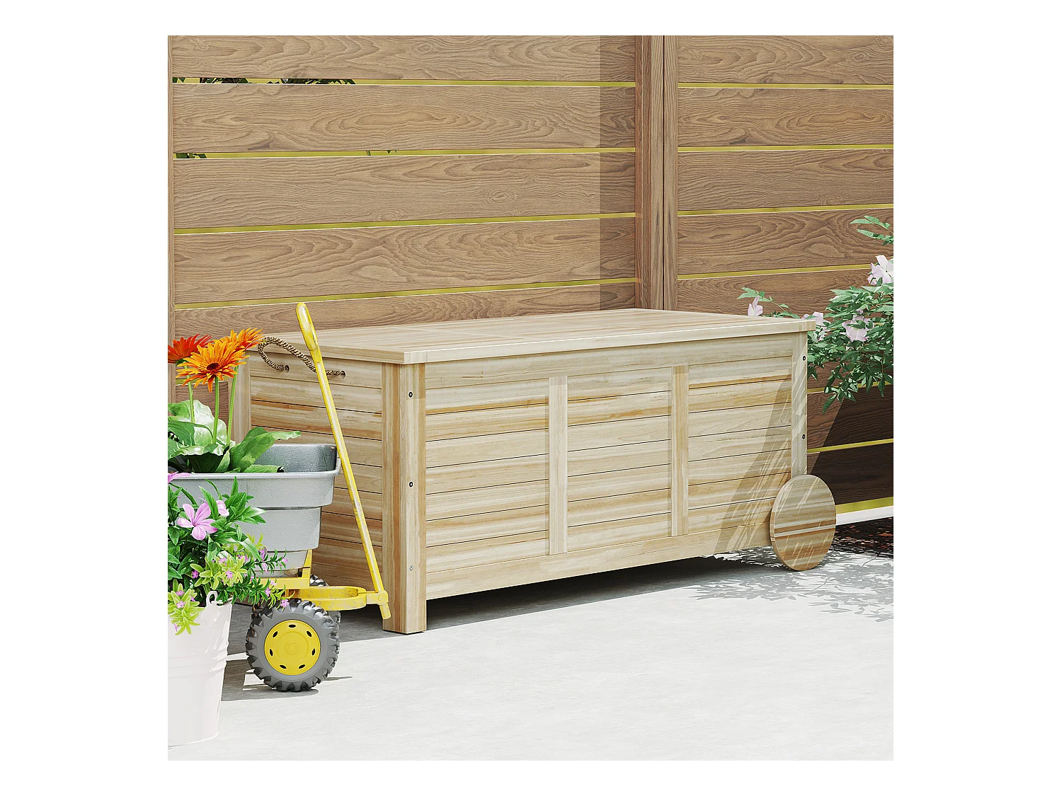 Baule da esterno 185l a 2 ruote in legno di abete 110x50x50 cm