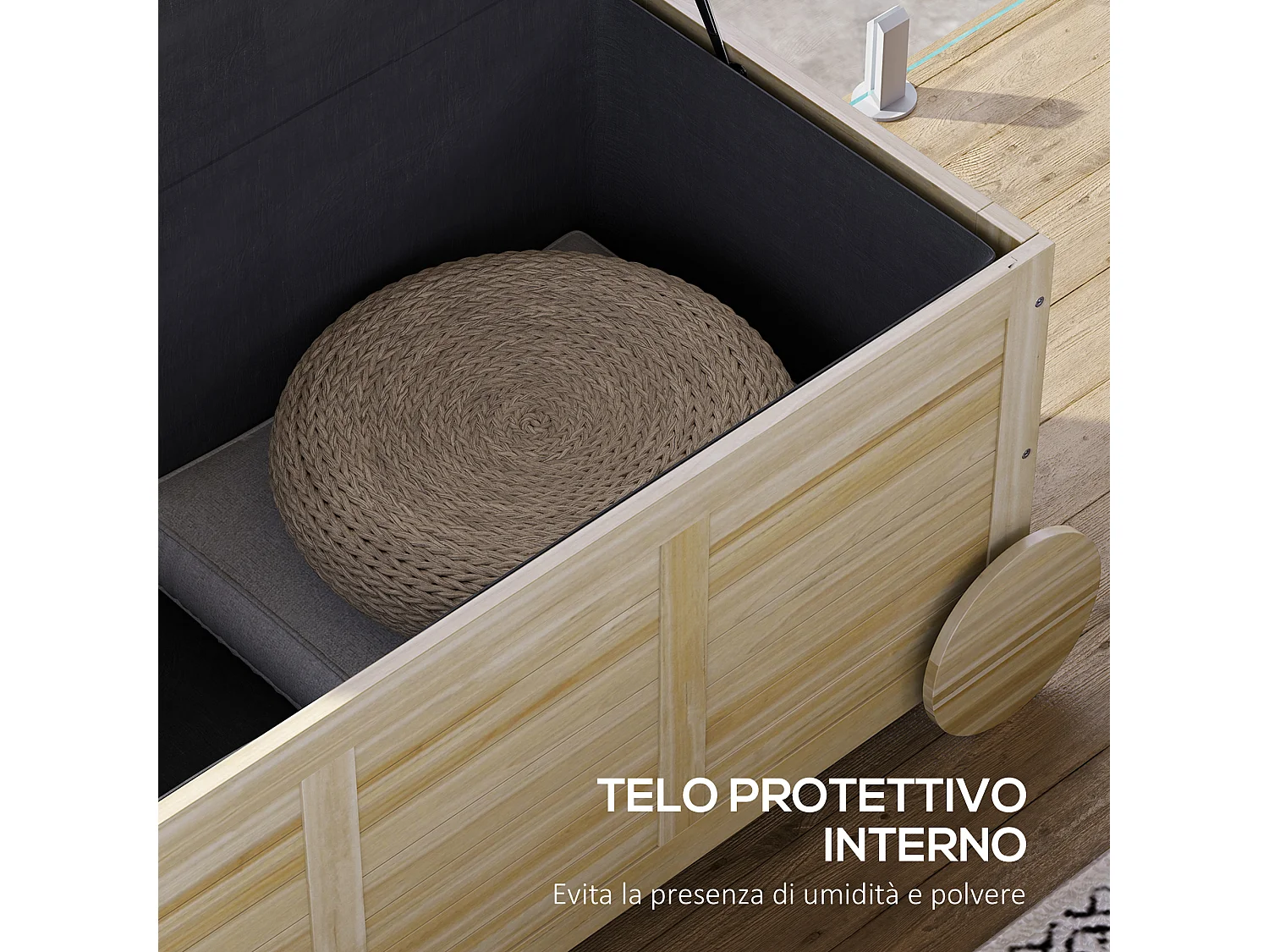 Baule da esterno 185l a 2 ruote in legno di abete 110x50x50 cm