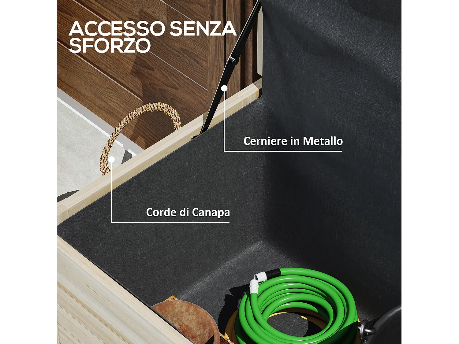 Baule da esterno 185l a 2 ruote in legno di abete 110x50x50 cm