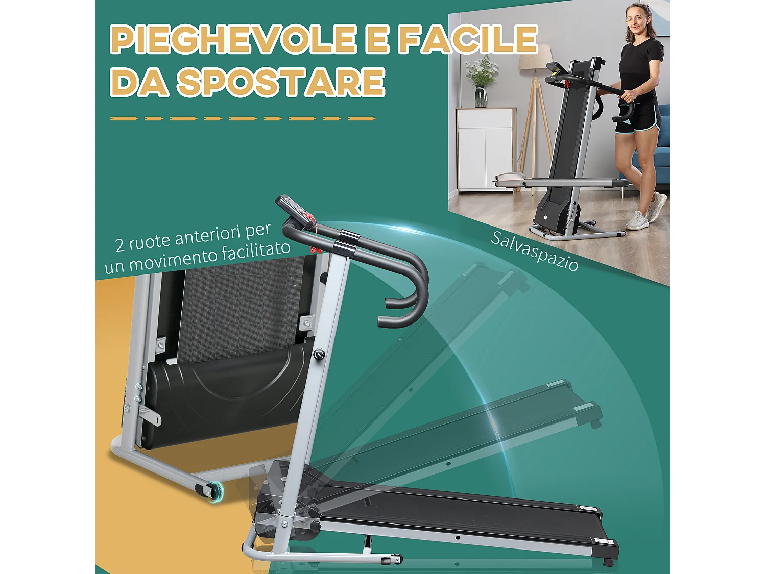 Tapis roulant elettrico pieghevole 500w schermo lcd velocità max 10km/h