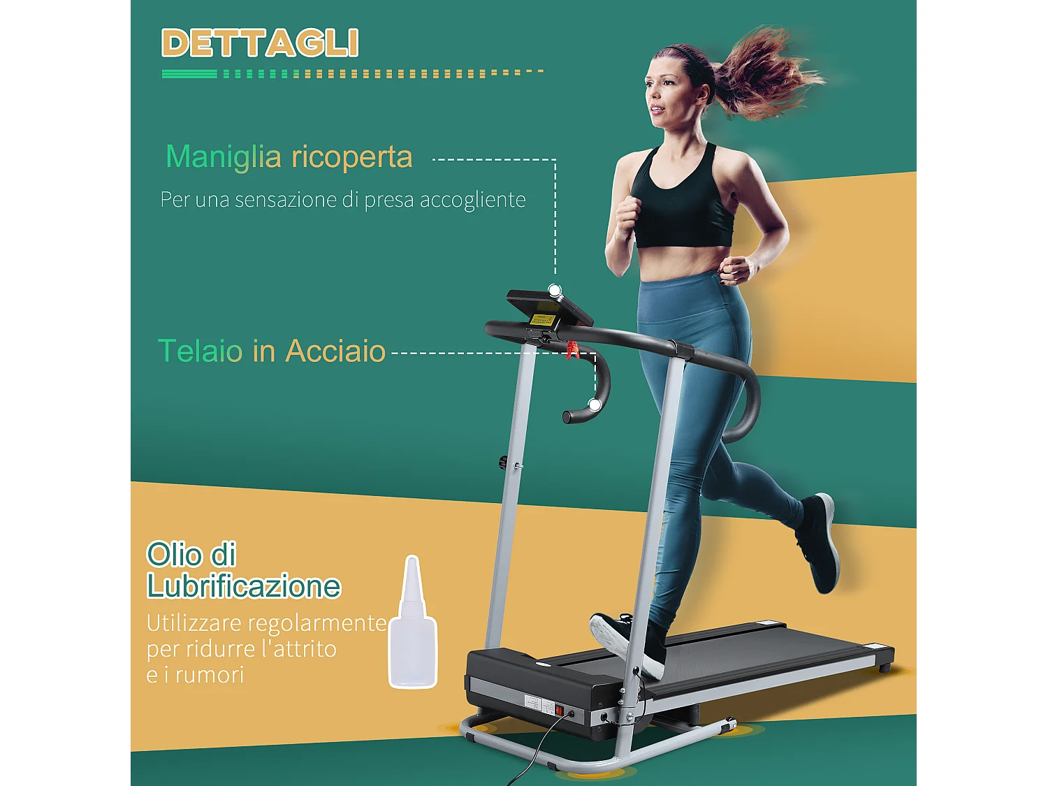 Tapis roulant elettrico pieghevole 500w schermo lcd velocità max 10km/h