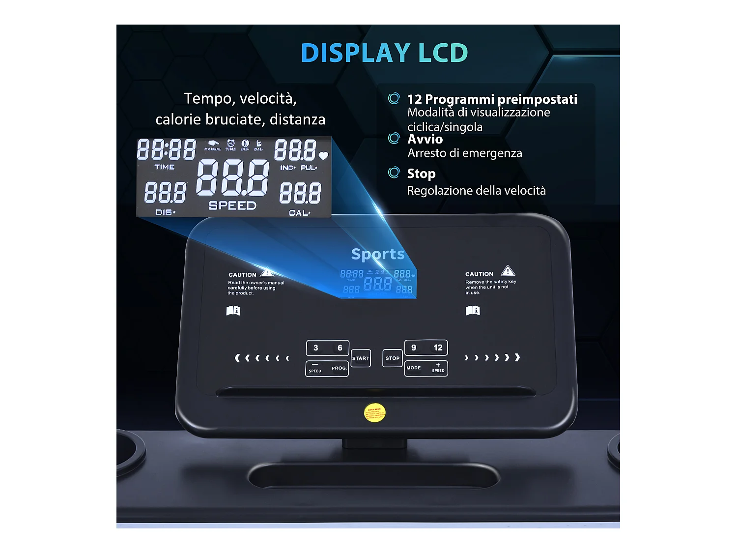 Tapis roulant elettrico pieghevole 1-12km/h motore 500w schermo lcd