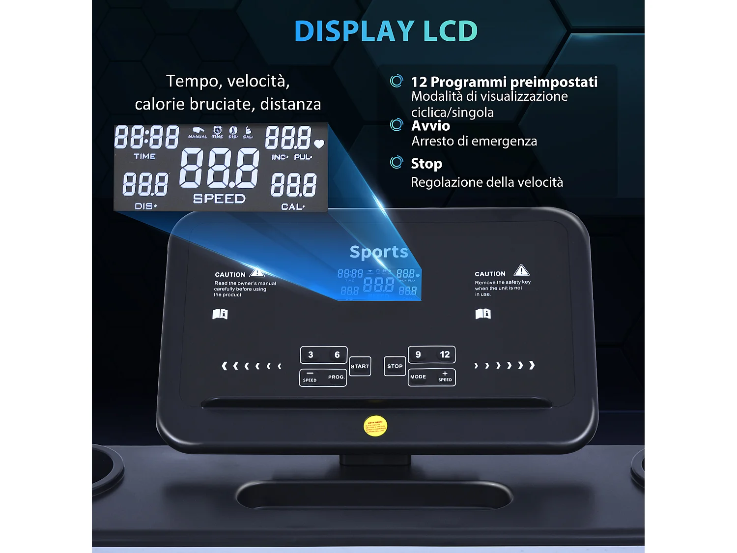 Tapis roulant elettrico pieghevole 1-12km/h motore 500w schermo lcd