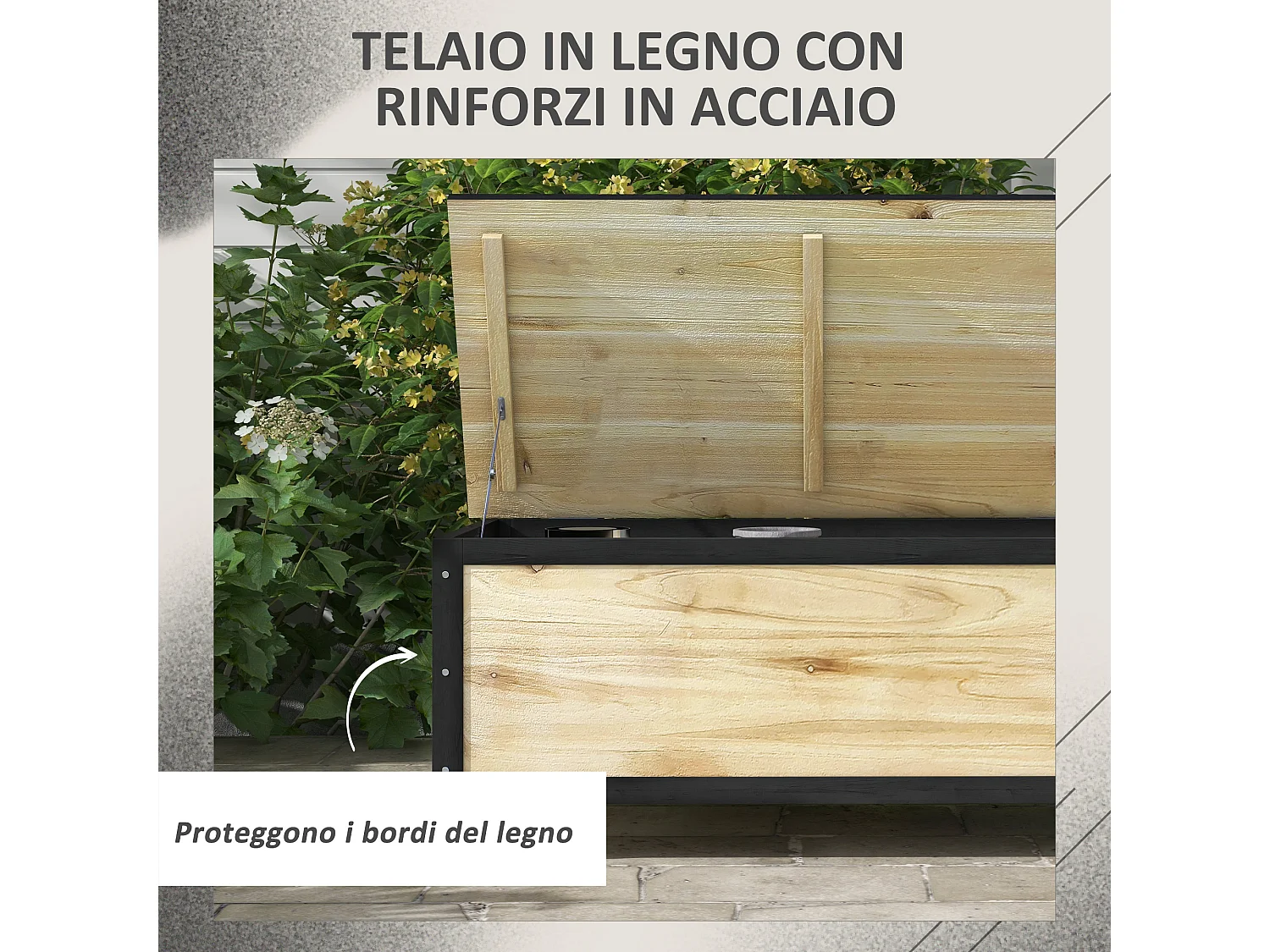 Panca contenitore da giardino da 121l in legno e acciaio colore legno