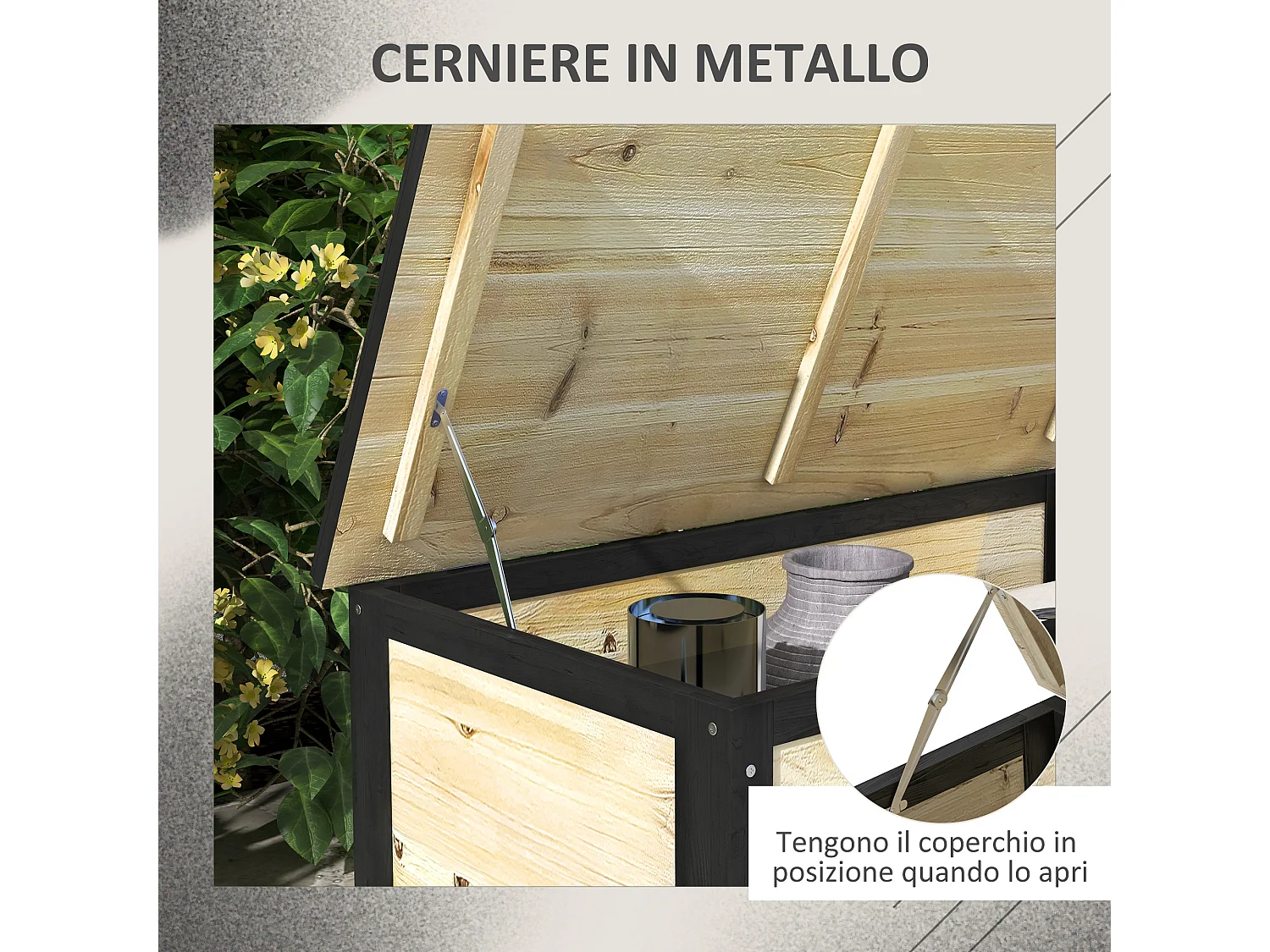 Panca contenitore da giardino da 121l in legno e acciaio colore legno