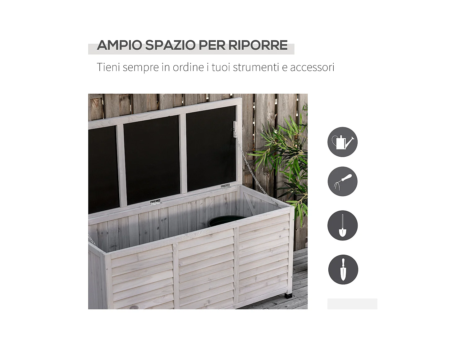 Panca contenitore da esterno con piedini antiscivolo in legno grigio