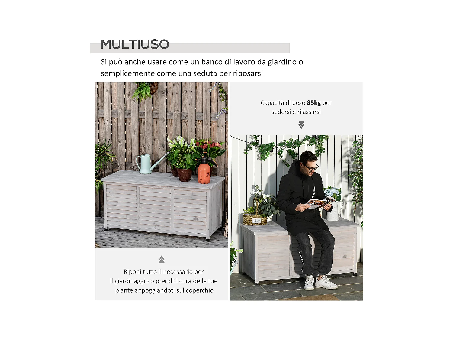 Panca contenitore da esterno con piedini antiscivolo in legno grigio