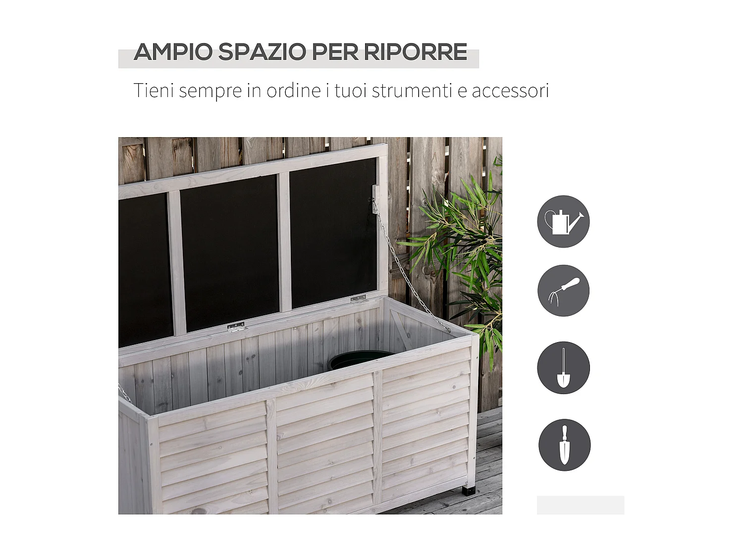 Panca contenitore da esterno con piedini antiscivolo in legno grigio